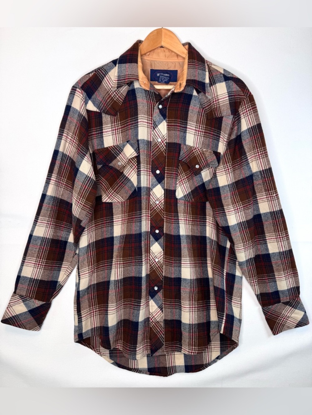 VTG Williams Bay mens flannel shirt sz Lg‎ Tall brown plaid pearl snap sawtooth